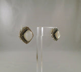 Large Signed Vintage Sterling Silver Mother of Pearl & Marcasite Surround Pierced Earrings