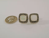 Large Signed Vintage Sterling Silver Mother of Pearl & Marcasite Surround Pierced Earrings