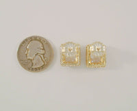 Large Signed Vintage Sterling Silver w/ Gold Vermeil Sparkly Emerald Cut CZ Fancy Stud Earrings