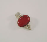 Large Signed Vintage ATI Mexican Sterling Silver & Red Jasper Bezel Set Oval Cabochon Pendant w/ Caviar Dot Details