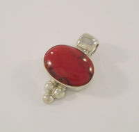 Large Signed Vintage ATI Mexican Sterling Silver & Red Jasper Bezel Set Oval Cabochon Pendant w/ Caviar Dot Details