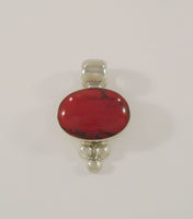 Large Signed Vintage ATI Mexican Sterling Silver & Red Jasper Bezel Set Oval Cabochon Pendant w/ Caviar Dot Details