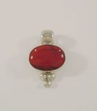 Large Signed Vintage ATI Mexican Sterling Silver & Red Jasper Bezel Set Oval Cabochon Pendant w/ Caviar Dot Details