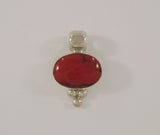 Large Signed Vintage ATI Mexican Sterling Silver & Red Jasper Bezel Set Oval Cabochon Pendant w/ Caviar Dot Details