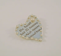 Large Vintage Sterling Silver & Silvery - White Pearl Heart Brooch w/ Applied Dot Details & Carved Blaise Pascal quote, "the heart has it's reasons which reason cannot know" The Dreamer Pin