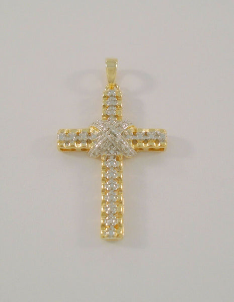 Sparkly Signed Vintage Sterling Silver w/ Yellow Gold Vermeil Detailed Cross Pendant set w/ a Tiny Genuine Diamond in the Center