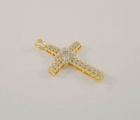 Sparkly Signed Vintage Sterling Silver w/ Yellow Gold Vermeil Detailed Cross Pendant set w/ a Tiny Genuine Diamond in the Center