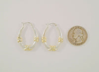 Large Classy Signed Vintage Sterling Silver w/ Gold Accents Wrap "X" Design Oval Hinged Hoop Pierced Earrings 33x4.8x25mm