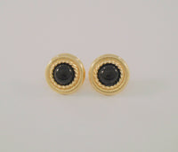 Large 17.5mm Signed Vintage Peter Brams Designs Round Rope Surround 14K Solid Yellow Gold and Black Onyx Cabochon Stud Pierced Earrings