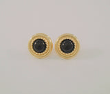 Large 17.5mm Signed Vintage Peter Brams Designs Round Rope Surround 14K Solid Yellow Gold and Black Onyx Cabochon Stud Pierced Earrings