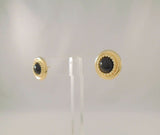 Large 17.5mm Signed Vintage Peter Brams Designs Round Rope Surround 14K Solid Yellow Gold and Black Onyx Cabochon Stud Pierced Earrings