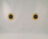 Large 17.5mm Signed Vintage Peter Brams Designs Round Rope Surround 14K Solid Yellow Gold and Black Onyx Cabochon Stud Pierced Earrings