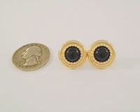 Large 17.5mm Signed Vintage Peter Brams Designs Round Rope Surround 14K Solid Yellow Gold and Black Onyx Cabochon Stud Pierced Earrings