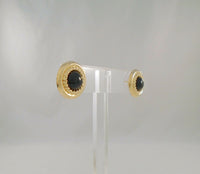 Large 17.5mm Signed Vintage Peter Brams Designs Round Rope Surround 14K Solid Yellow Gold and Black Onyx Cabochon Stud Pierced Earrings