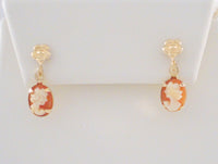 Dainty, Vintage Solid 14K Yellow Gold & Hand Carved Shell Lady Cameo w/ Flower Dangle Pierced Earrings