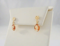 Dainty, Vintage Solid 14K Yellow Gold & Hand Carved Shell Lady Cameo w/ Flower Dangle Pierced Earrings