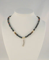 Vintage Artisan Sterling Silver & Multiple Colorful Gemstone Beaded Toggle Necklace w/ Eastern Pendant 18"  Golden rutilated quartz Onyx Bloodstone Tiger's eye