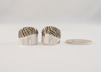 Amazing Large Beautifully Crafted Signed, Vintage Italian Solid 14K White Gold & Tiger Striped Enamel Omega Back or French Clip Pierced Hoop Earrings