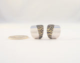 Amazing Large Beautifully Crafted Signed, Vintage Italian Solid 14K White Gold & Tiger Striped Enamel Omega Back or French Clip Pierced Hoop Earrings