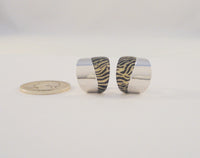 Amazing Large Beautifully Crafted Signed, Vintage Italian Solid 14K White Gold & Tiger Striped Enamel Omega Back or French Clip Pierced Hoop Earrings