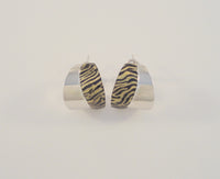 Amazing Large Beautifully Crafted Signed, Vintage Italian Solid 14K White Gold & Tiger Striped Enamel Omega Back or French Clip Pierced Hoop Earrings