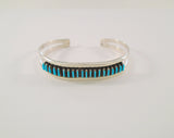 Handcrafted Signed Vintage Native American Sterling Silver & Needlepoint Blue Turquoise Zuni Cuff Bracelet New Mexico