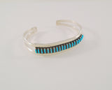 Handcrafted Signed Vintage Native American Sterling Silver & Needlepoint Blue Turquoise Zuni Cuff Bracelet New Mexico