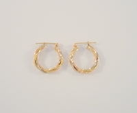 Vintage 14K Solid Yellow Rose & White Gold Tri-Tone 22mmSpiral Twisted Pipe Hinged Hoop Pierced Earrings