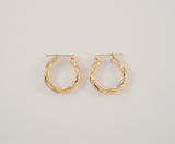 Vintage 14K Solid Yellow Rose & White Gold Tri-Tone 22mmSpiral Twisted Pipe Hinged Hoop Pierced Earrings