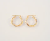 Vintage 14K Solid Yellow Rose & White Gold Tri-Tone 22mmSpiral Twisted Pipe Hinged Hoop Pierced Earrings