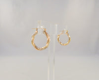 Vintage 14K Solid Yellow Rose & White Gold Tri-Tone 22mmSpiral Twisted Pipe Hinged Hoop Pierced Earrings