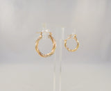 Vintage 14K Solid Yellow Rose & White Gold Tri-Tone 22mmSpiral Twisted Pipe Hinged Hoop Pierced Earrings