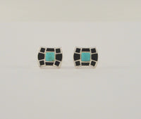 Dramatic Signed Vintage Southwest Sterling Silver w/ Inlaid Black Onyx & Blue Turquoise 11 x 13mm Stud Deco Pierced Earrings