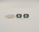 Dramatic Signed Vintage Southwest Sterling Silver w/ Inlaid Black Onyx & Blue Turquoise 11 x 13mm Stud Deco Pierced Earrings