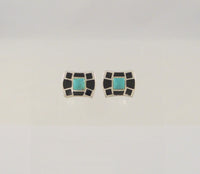 Dramatic Signed Vintage Southwest Sterling Silver w/ Inlaid Black Onyx & Blue Turquoise 11 x 13mm Stud Deco Pierced Earrings