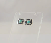 Dramatic Signed Vintage Southwest Sterling Silver w/ Inlaid Black Onyx & Blue Turquoise 11 x 13mm Stud Deco Pierced Earrings